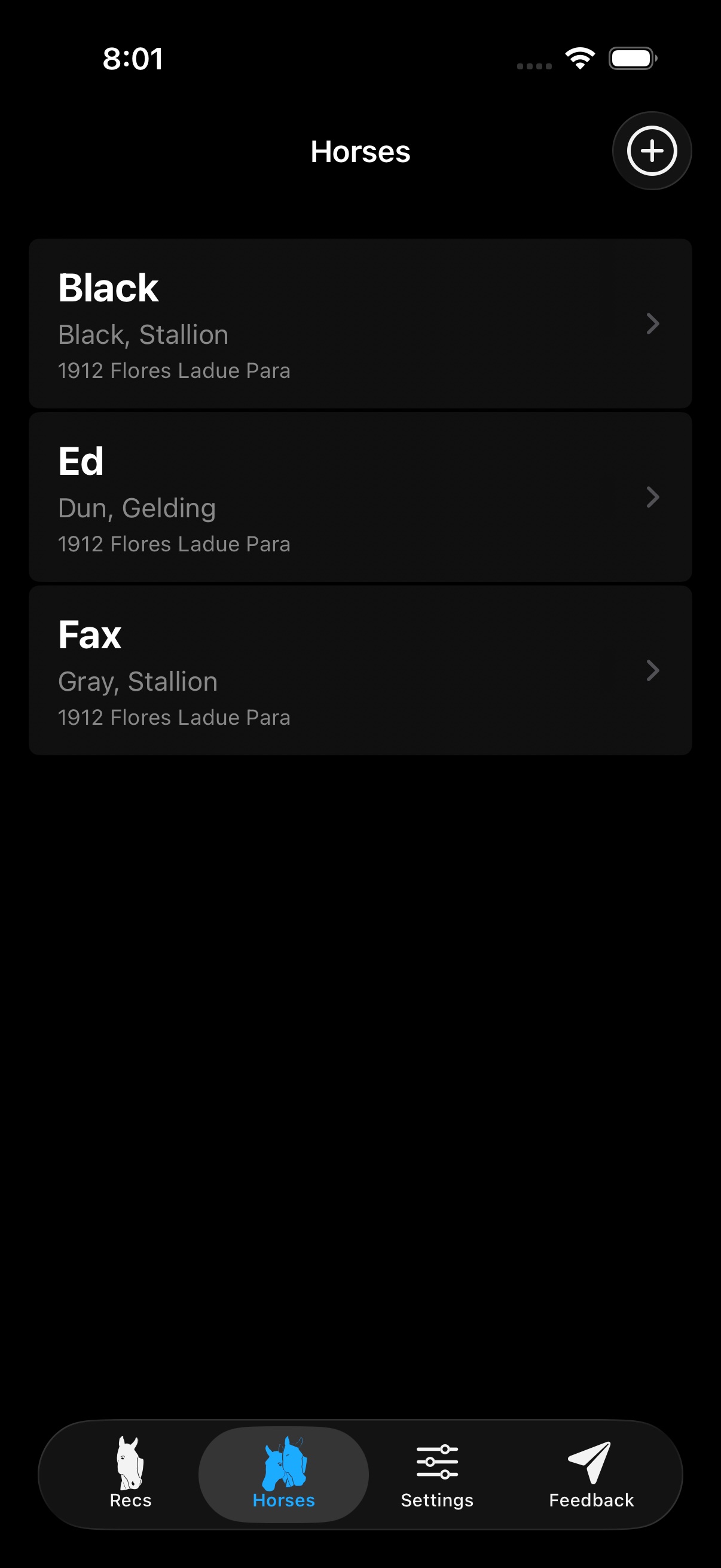 Horses tab list