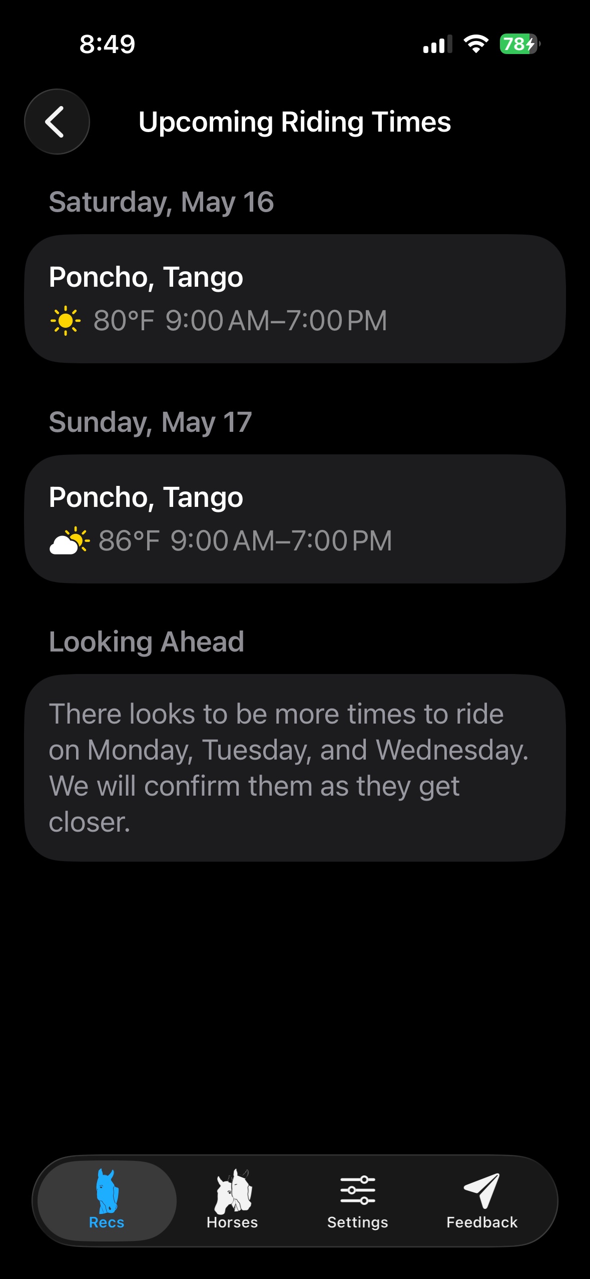 Upcoming Riding Times view