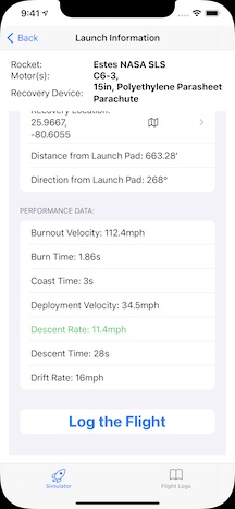 Flight data — bottom with Log button