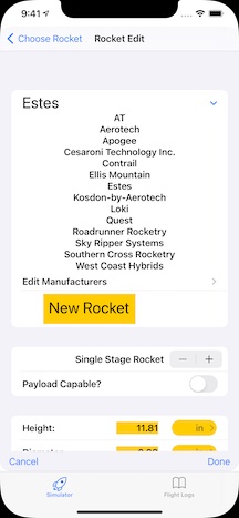 Rocket edit with manufacturer picker
